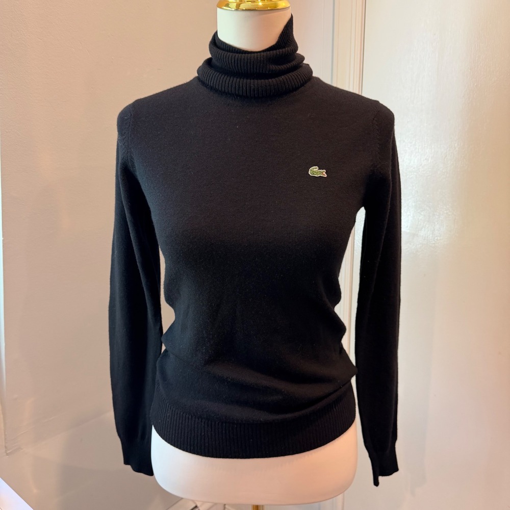 Lacoste Black Wool Turtleneck Sweater Classic Logo | Size 34